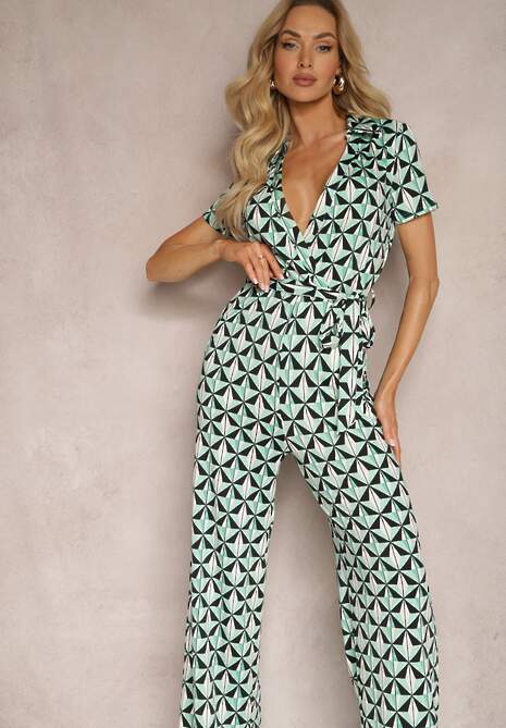 Zielony Długi Kombinezon Wiązany w Pasie z Kopertowym Dekoltem w Mozaikowy Wzór Maellias