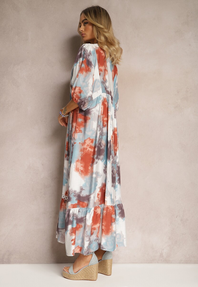 Beżowa Sukienka w Stylu Boho z Krótkim Rękawem z Falbanką i Rękawem 3/4 Valendra