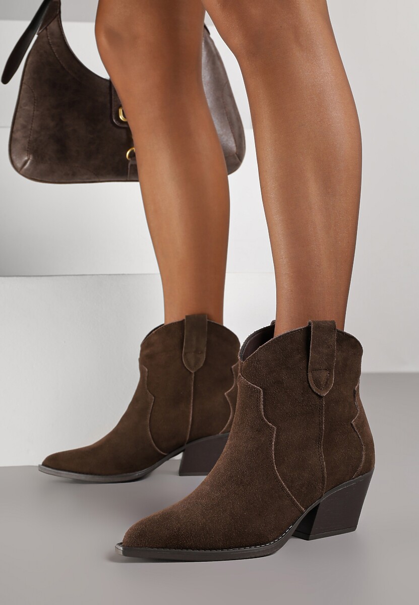 Brązowe Botki Kowbojki na Stożku ze Skóry Naturalnej Liravetta