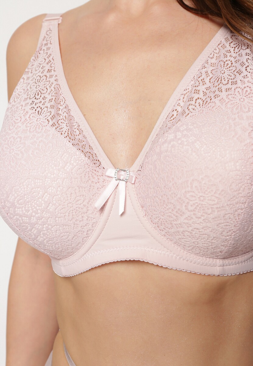 Różowy Koronkowy Biustonosz Full Cup z Ozdobnymi Cyrkoniami na Kokardce Nikoriana