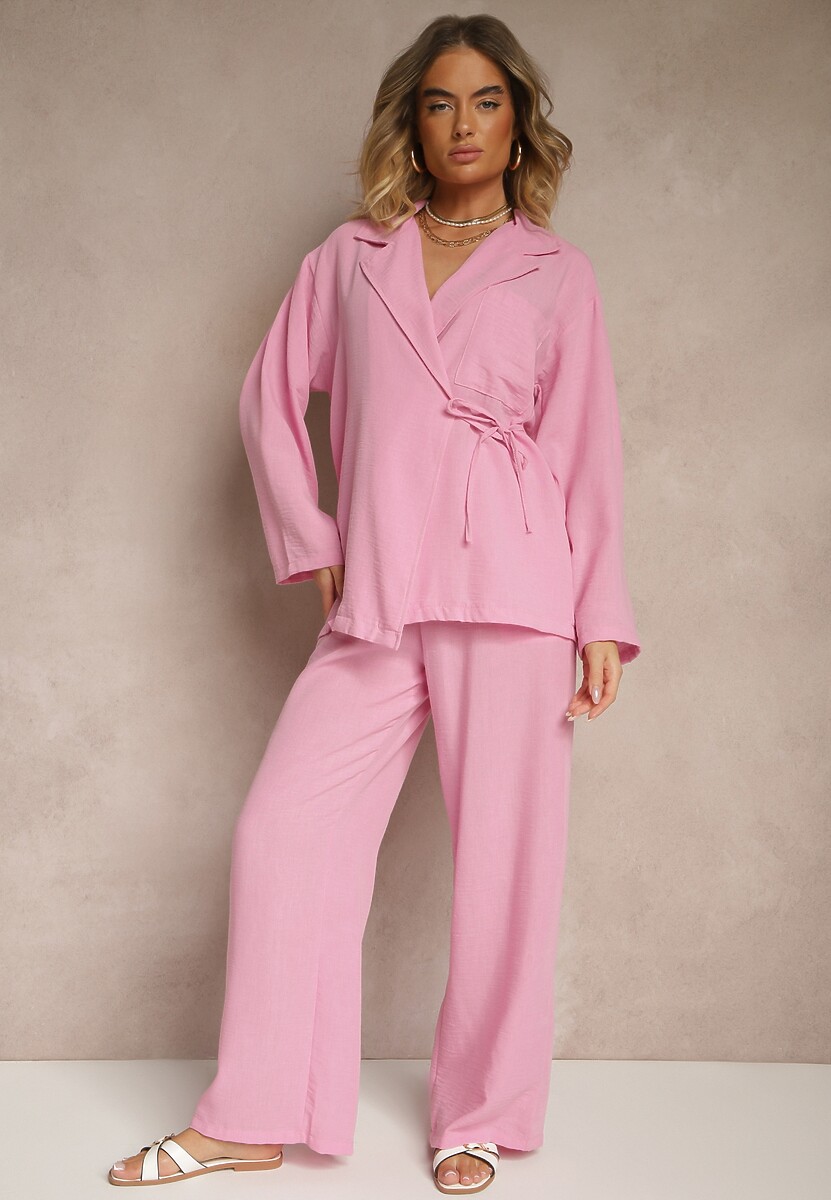 Niebieski Komplet Marynarka z Wiązaniem i Szerokie Spodnie Novalissa