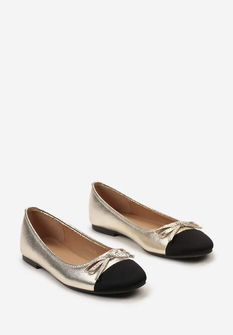 Złote Połyskujące Balerinki z Brokatową Kokardką i Kontrastowym Noskiem Saisa