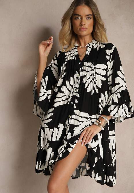 Czarna Koszulowa Sukienka z Wiskozy z Falbankami w Liściasty Wzór Ridiella