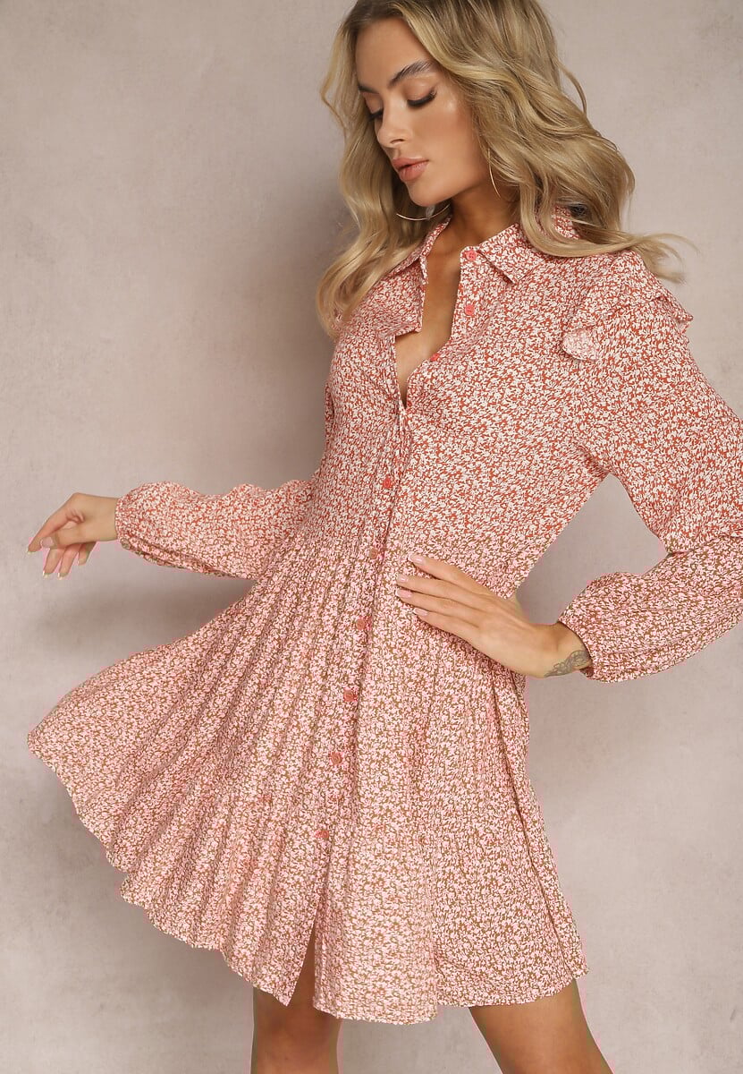 Różowa Mini Sukienka o Rozkloszowanym Kroju w Kwiaty z Falbankami Limrena