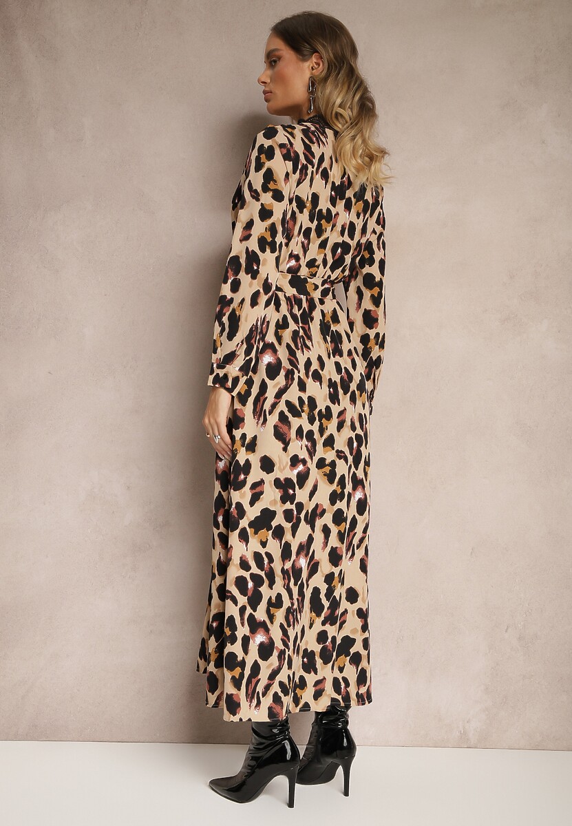 Brązowa Panterkowa Sukienka z Kopertowym Dekoltem Koronką Paskiem i Gumką w Talii Siavindra