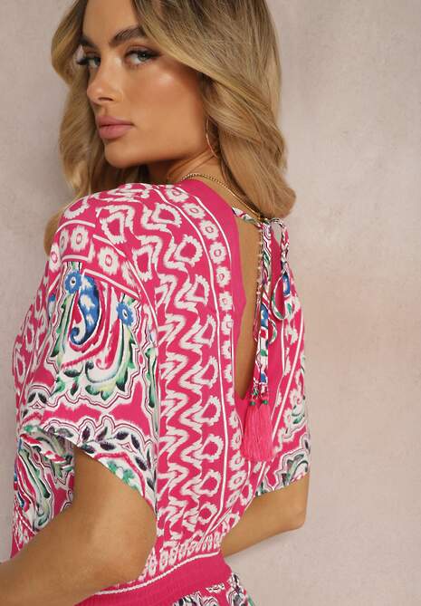 Fuksjowa Wiskozowa Sukienka Boho z Gumką w Pasie i Trójkątnym Dekoltem Casalina