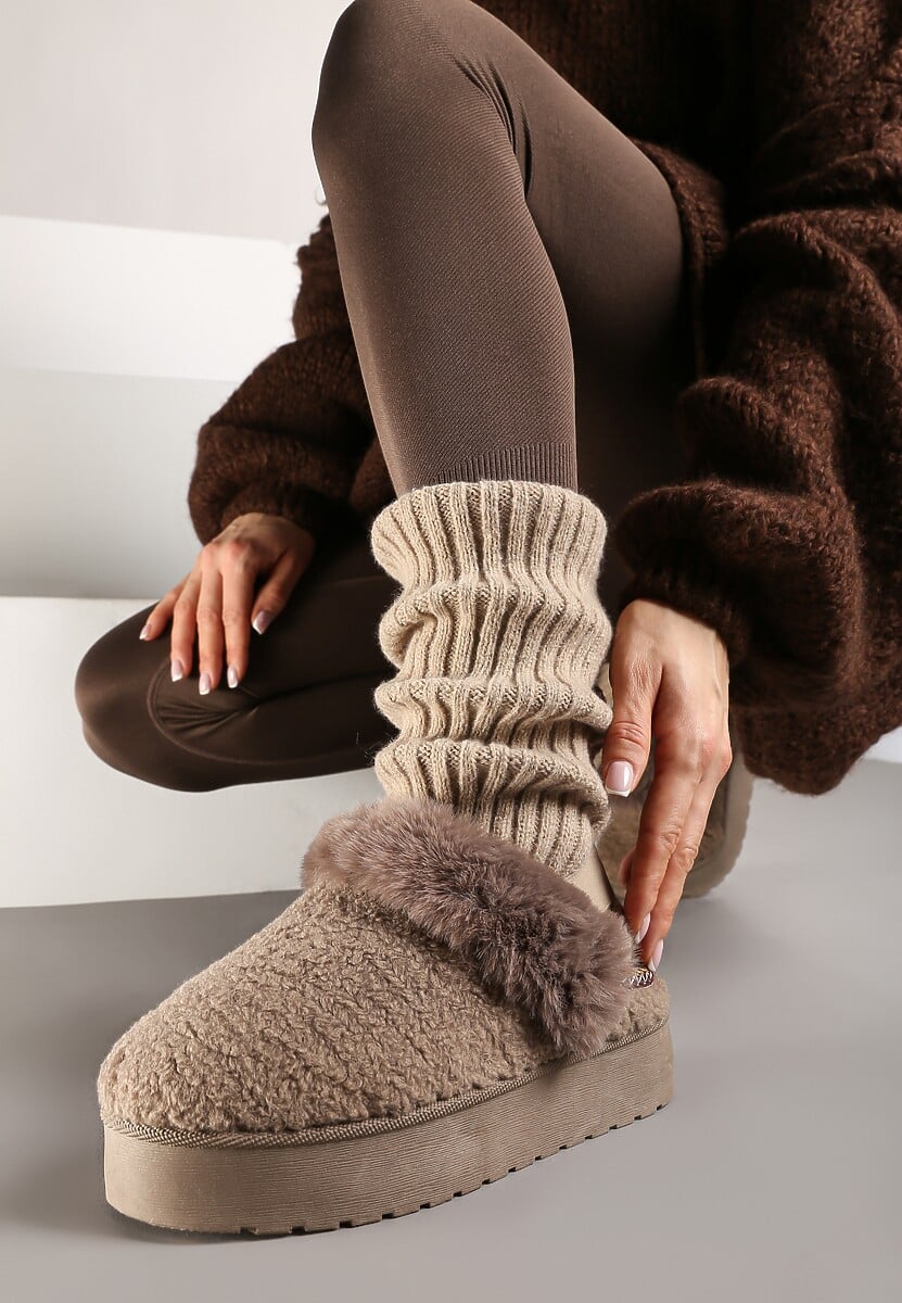 Ciemnobeżowe Futerkowe Śniegowce na Grubej Podeszwie z Gumką na Pięcie Sosena