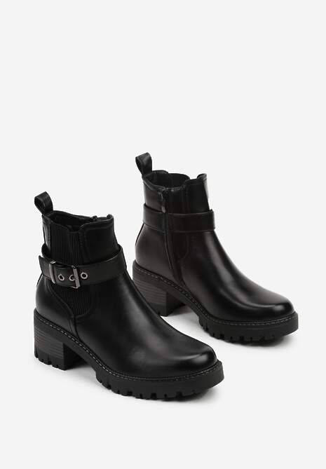 Czarne Botki w Stylu Sztybletów na Niskim Obcasie z Paskiem ze Sprzączką Lathorie