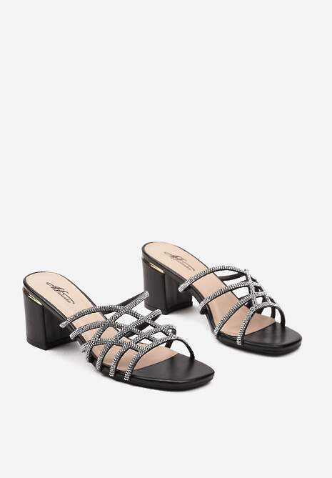 Czarne Klapki na Obcasie z Cyrkoniami na Paskach Niamtia