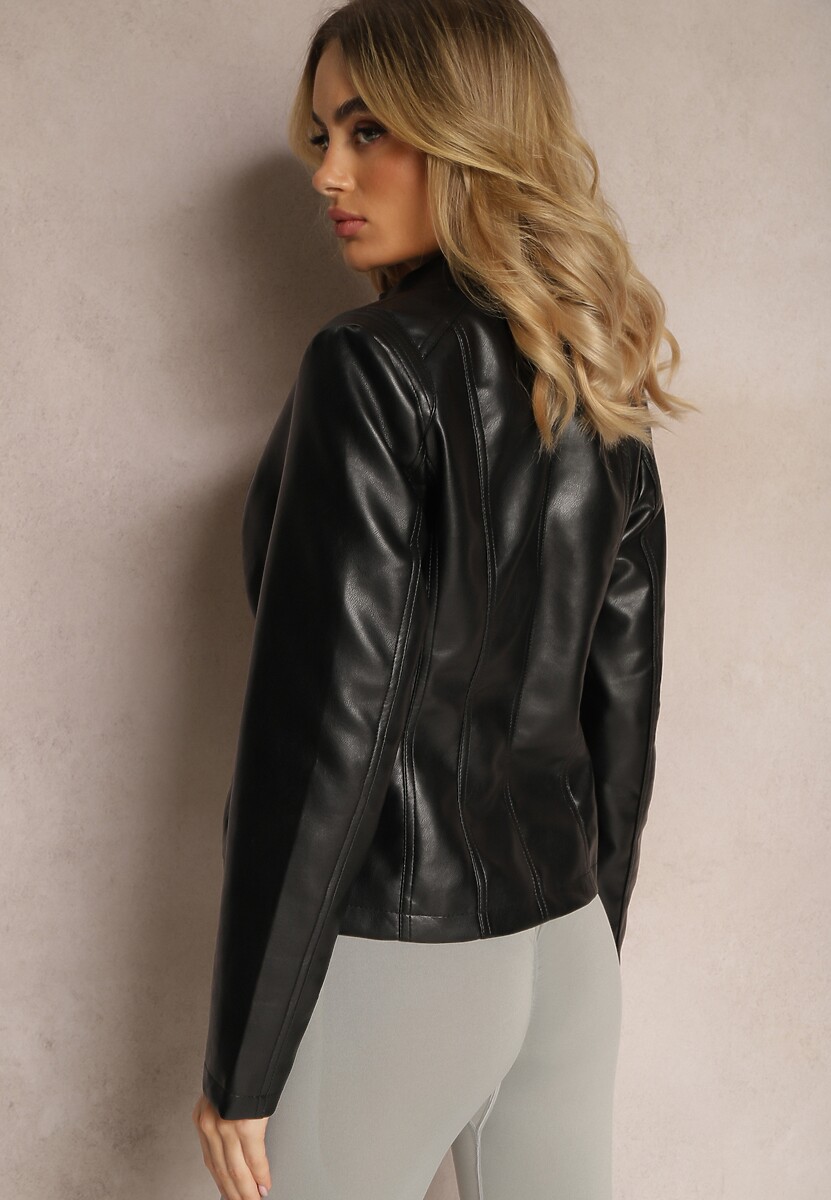 Czarna Ramoneska Kurtka z Ekoskóry z Suwakami Geomela