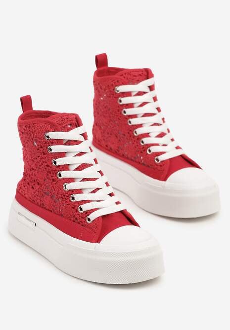 Czerwone Trampki na Platformie z Wysoką Ażurową Cholewką Velgisia