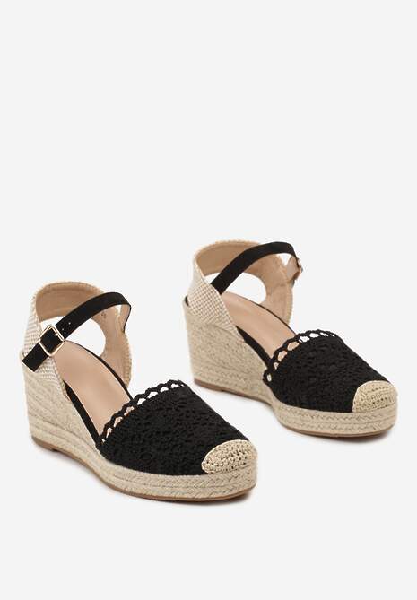 Czarne Ażurowe Sandały Espadryle na Koturnie Ozdobionym Plecionką Kija