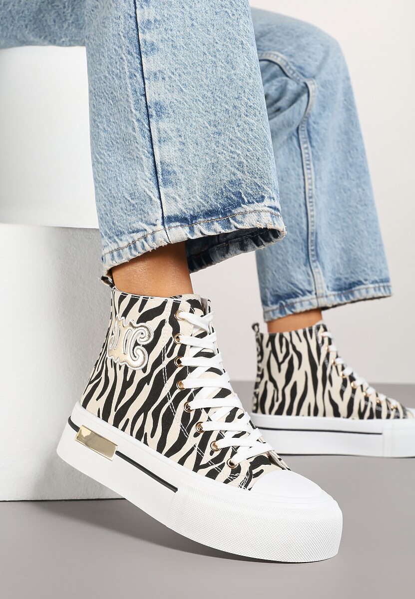 Beżowo-Czarne Trampki na Platformie za Kostkę Ozdobione Printem w Zeberkę i Naszywką Joliris