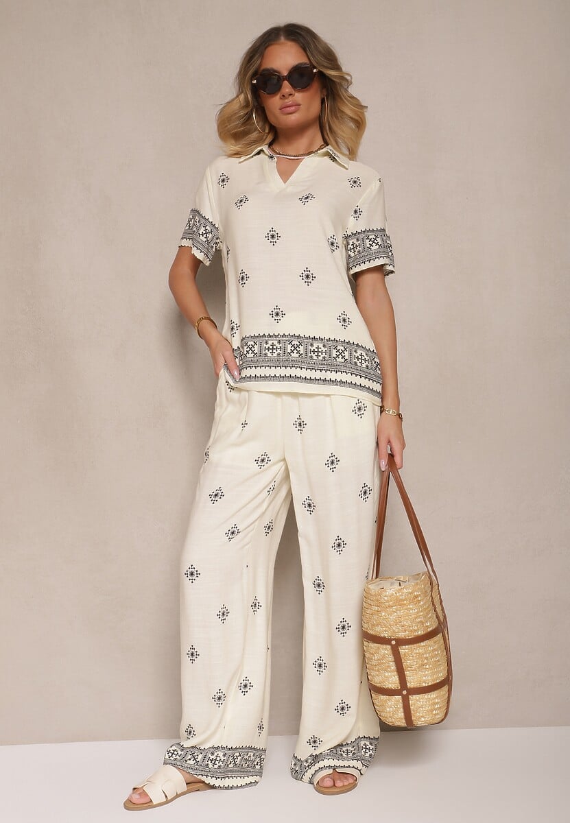 Jasnobeżowy Wiskozowy Komplet Bluzka z Kołnierzykiem i Spodnie o Szerokim Kroju Janovaria