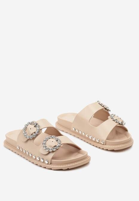 Beżowe Klapki Ozdobione Nitami i Cyrkoniami na Sprzączkach Tsunade