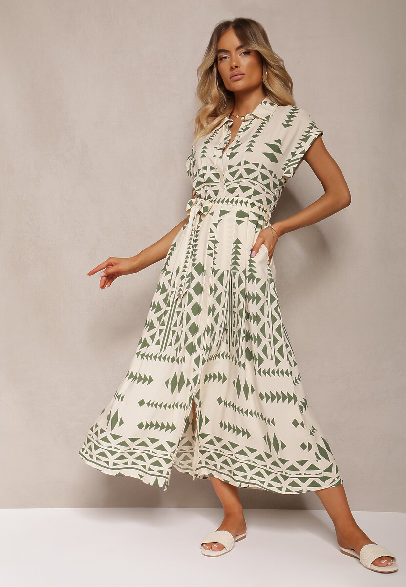 Beżowo-Zielona Taliowana Sukienka z Wiskozy z Materiałowym Paskiem w Talii Nasiona