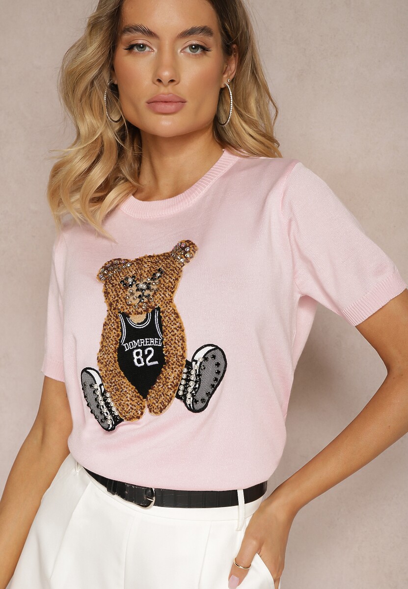 Różowa Bluzka z Wiskozy z Naszywką Misia z Wełny z Cyrkoniami i Perełkami Ophirai