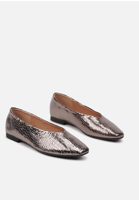 Srebrne Lakierowane Balerinki z Krokodylim Tłoczeniem o Kwadratowym Nosku Zerita
