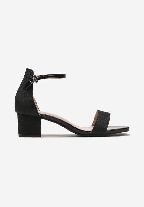 Czarne Brokatowe Sandały na Słupku Zapinane Wokół Kostki Viatera