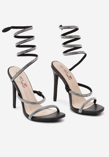 Czarne Wsuwane Sandały na Szpilce z Paskami Wokół Kostki z Cyrkoniami Jallisa