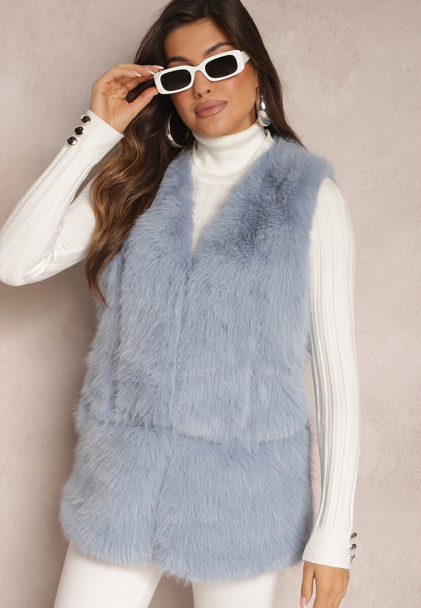 Jasnoniebieska Puchata Kamizelka z Futerka Ozdobiona Imitacją Skóry Tekllesa