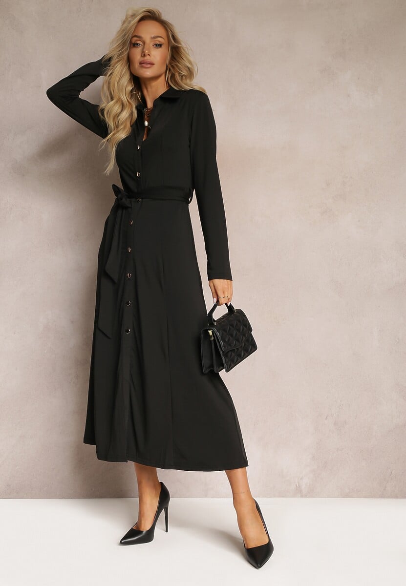 Czarna Długa Sukienka Koszulowa z Wiązaniem w Talii Levae