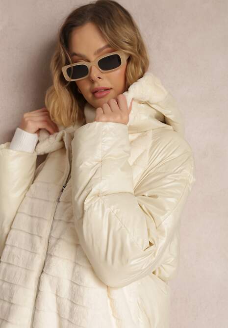 Jasnobeżowa Kurtka Futerko Pikowana z Kapturem Alysa