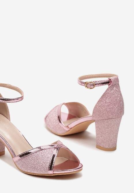 Różowe Brokatowe Sandały ze Sprzączką na Słupku z Metalicznymi Wstawkami Alpireva