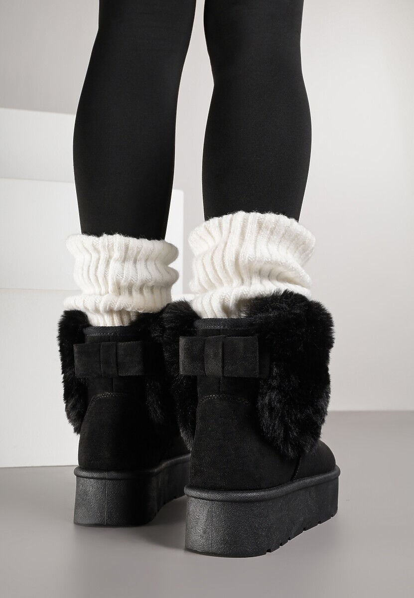 Czarne Śniegowce z Cholewką za Kostkę Ocieplane z Futerkiem i Małą Kokardą Reinedia