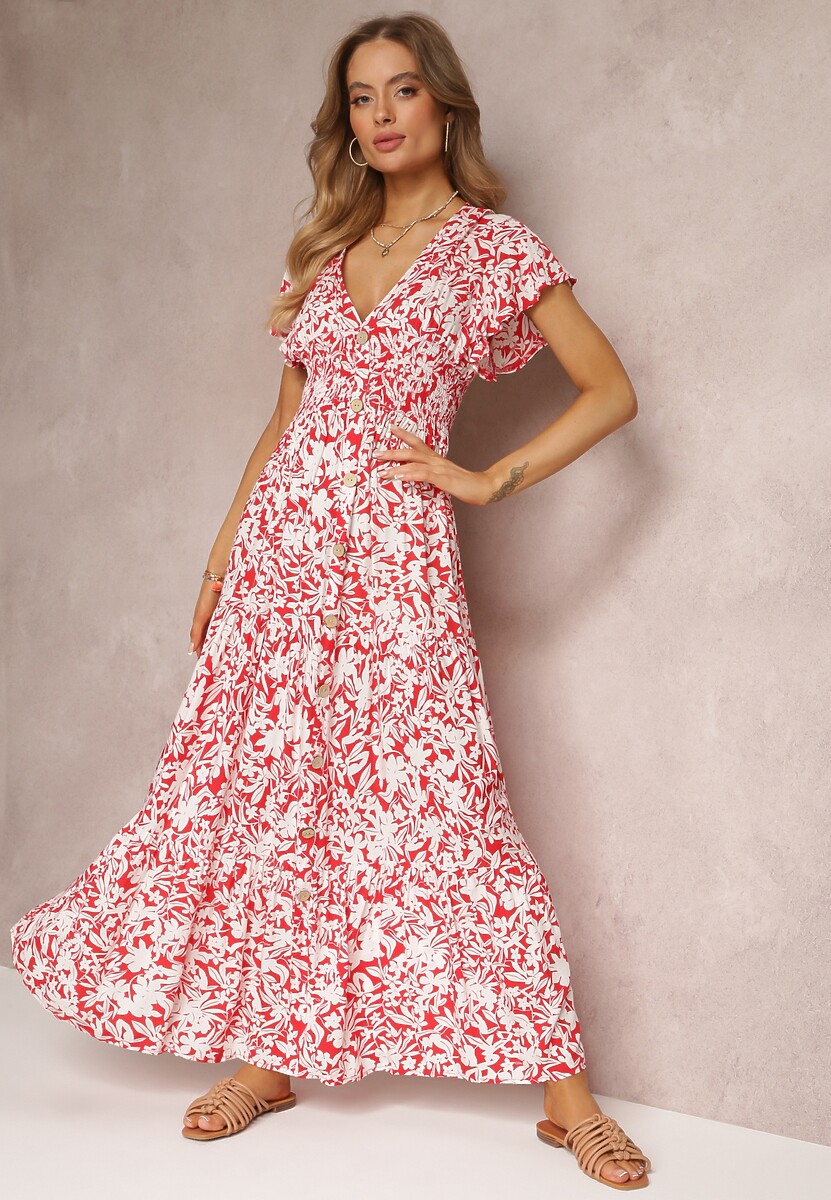 Jasnozielono-Biała Wiskozowa Sukienka Maxi z Gumką w Talii i Falbankami Maethia