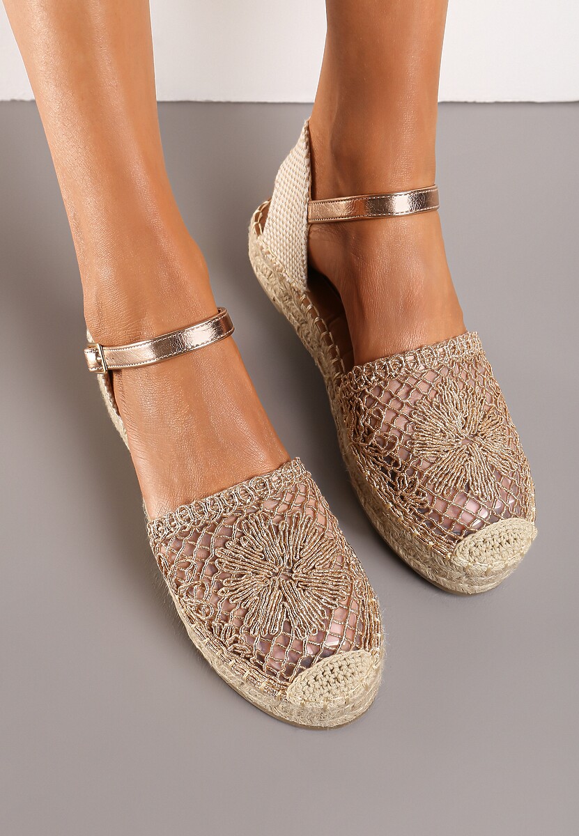 Szampańskie Espadryle na Niskiej Platformie Zapinane wokół Kostki z Plecionką Asanipia