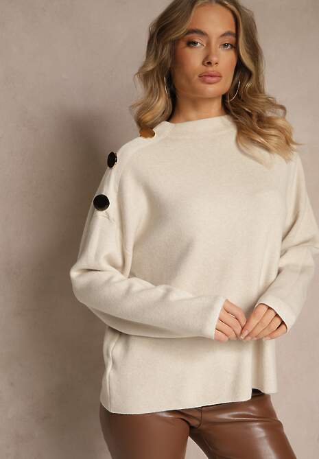 Jasnobeżowy Sweter z Metalicznymi Guzikami na Ramieniu Ederlia