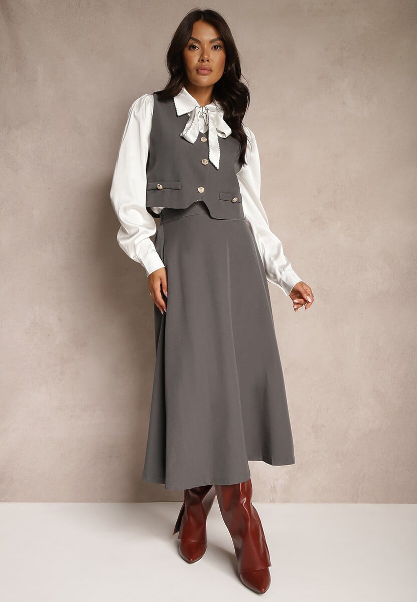 Szary 3- Częściowy Komplet Spódnica Kamizelka z Guzikami Koszula Ozdobiona Wiązaniem Avanessae