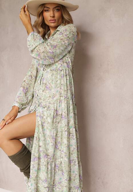 Miętowa Koszulowa Sukienka Maxi w Kwiaty z Falbaną na Dole Nilmisse