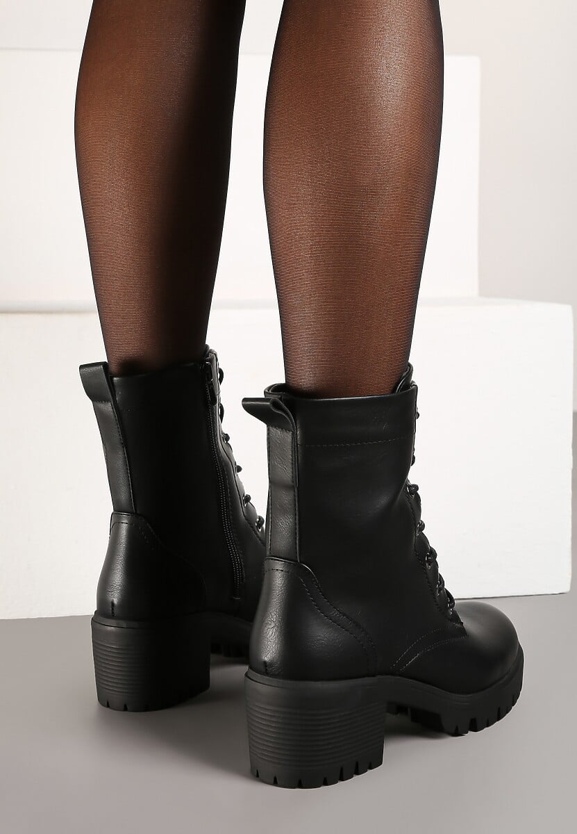 Czarne Botki na Słupku w Stylu Workerów z Ekoskóry Wykończone Wiązaniem Timovia