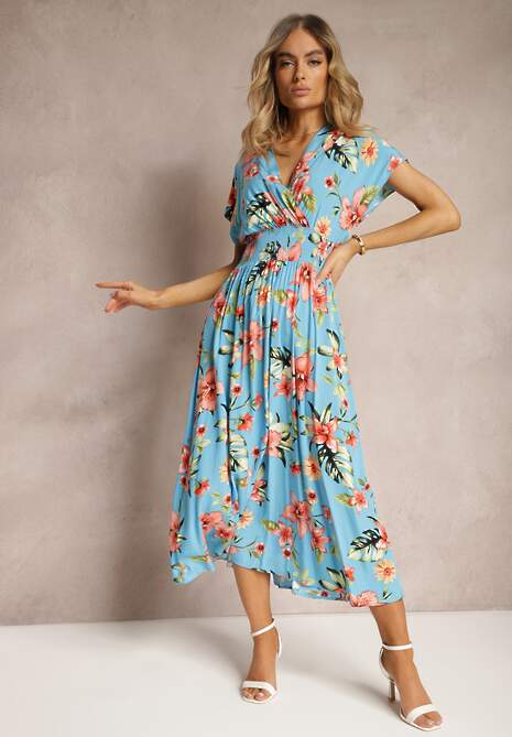 Niebieska Kopertowa Sukienka w Kwiaty z Gumką w Talii Nobbia