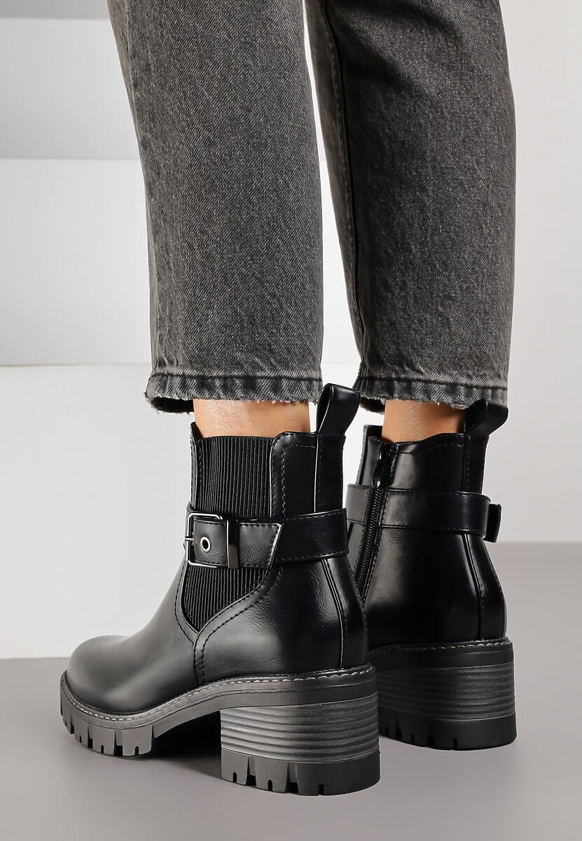 Czarne Botki w Stylu Sztybletów na Niskim Obcasie z Paskiem ze Sprzączką Lathorie