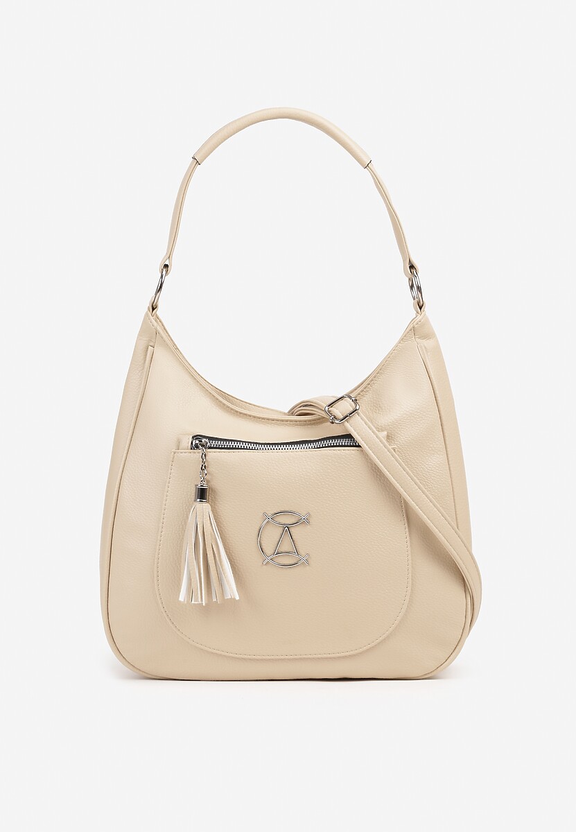 Ciemnobeżowa Torebka Shopperka z Frędzlami i Aplikacją Gelluria