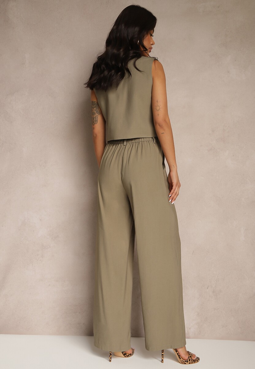 Zielony Wiskozowy Komplet o Garniturowym Kroju Kamizelka i Spodnie Soreya