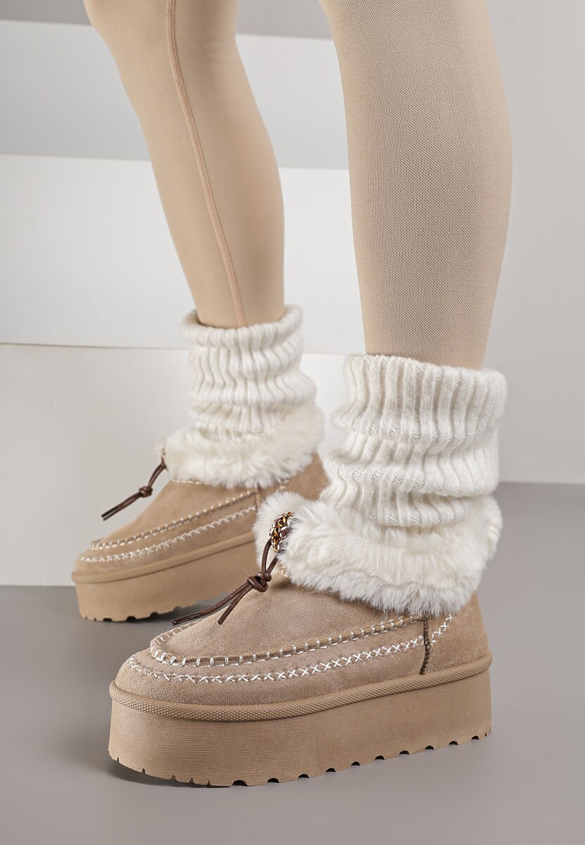 Ciemnobeżowe Śniegowce na Platformie Ozdobione Futerkiem i Przeszyciami Linerva