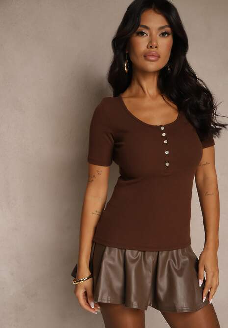 Brązowy Bawełniany T-shirt Prążkowany z Guzikami Florvivi