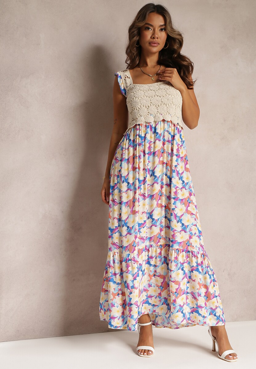 Niebieska Maxi Wiskozowa Sukienka Maxi w Kwiaty z Kwadratowym Dekoltem Alten