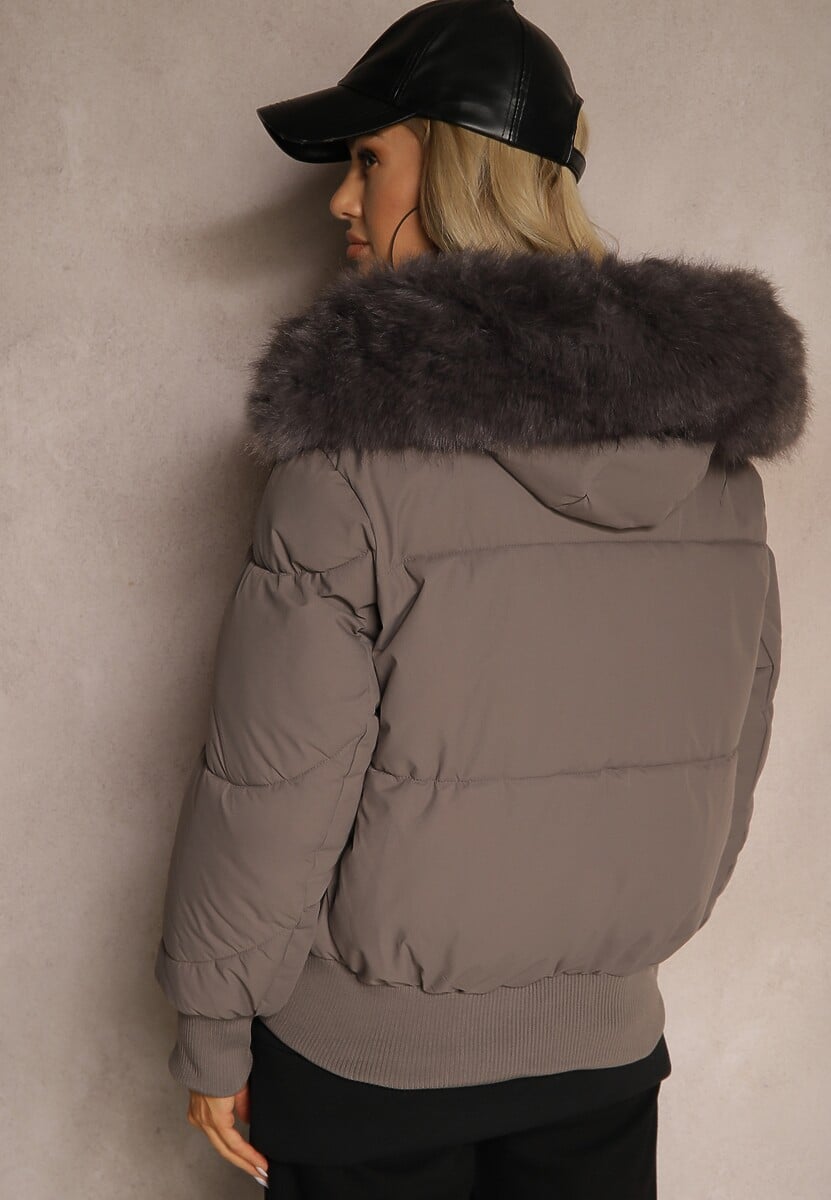 Ciemnoszara Kurtka z Pikowaniem i Szerokimi Ściągaczami Zdobiona Futrem przy Kapturze Inilora