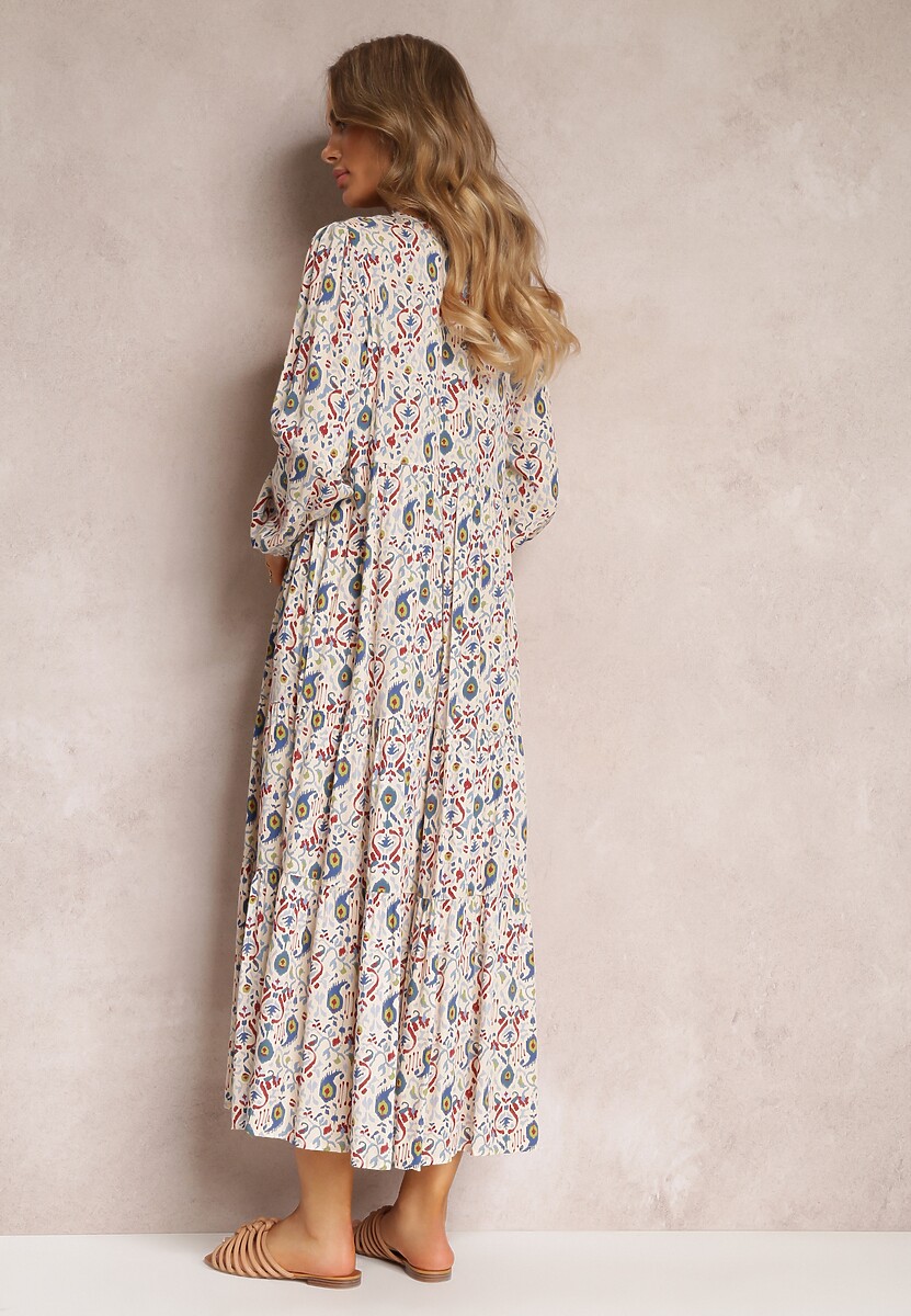 Jasnobeżowa Rozkloszowana Sukienka Koszulowa w Kwiaty Leathy