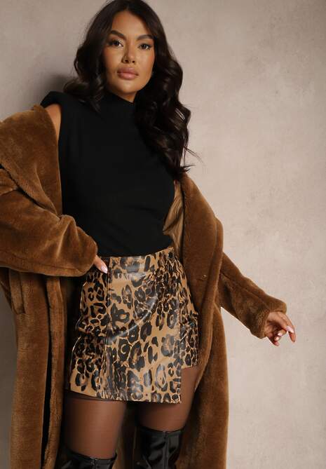 Brązowe Panterkowe Asymetryczne Spódnico-Szorty High Waist z Imitacji Skóry Atoriea