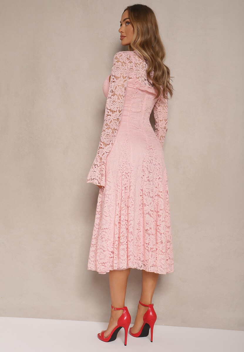 Ciemnoróżowa Rozkloszowana Sukienka z Koronki z Dodatkowym Bolerkiem Gonavora