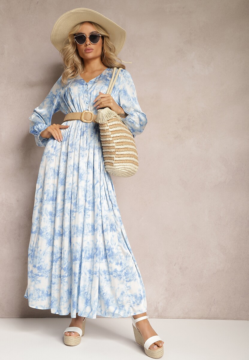 Jasnoniebieska Maxi Sukienka o Rozkloszowanym Fasonie z Guzikami Savienna