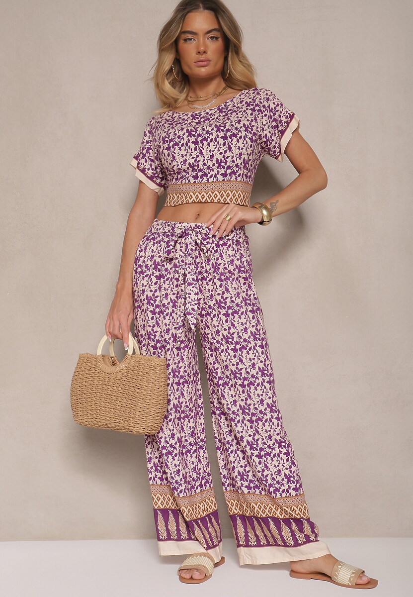 Fioletowy Komplet z Bawełny w Print Boho Szerokie Spodnie i Koszulka Telanitha