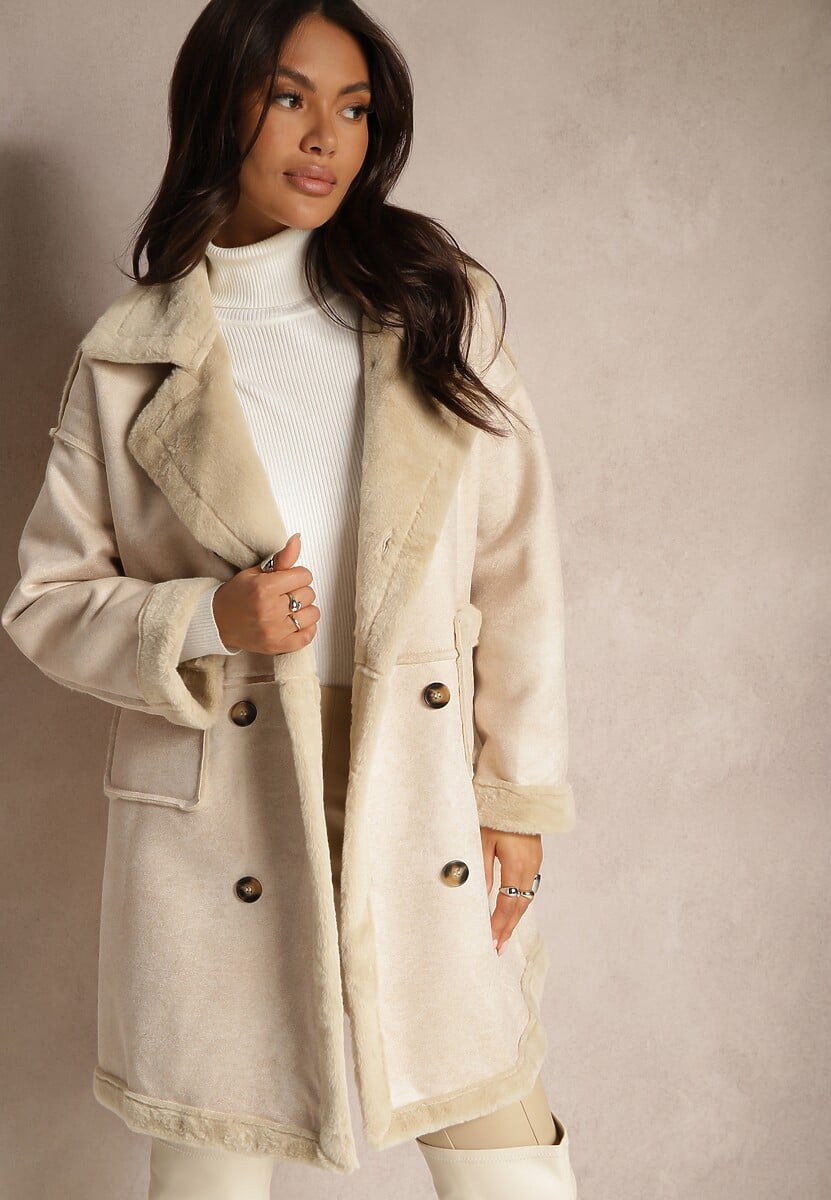 Brązowy Futerkowy Płaszcz Dwurzędowy z Kieszeniami i Szerokim Kołnierzem Sartelia