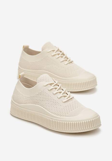 Beżowe Trampki z Siateczkową Cholewką i Tłoczoną Podeszwą Lalnai